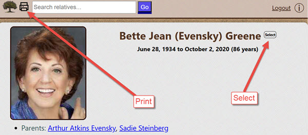 The print and select buttons