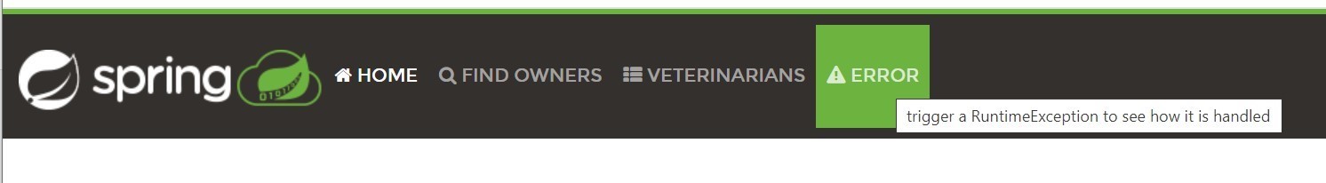 a view of the button in Spring Petclinic that will cause an exception to be thrown